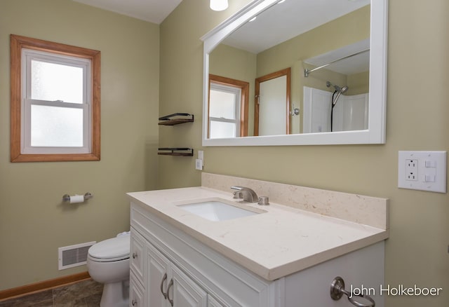 bathroom with a healthy amount of sunlight, vanity, toilet, and visible vents