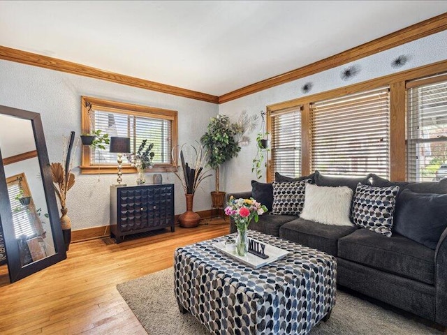 living area with a textured wall, baseboards, ornamental molding, and light wood-style floors
