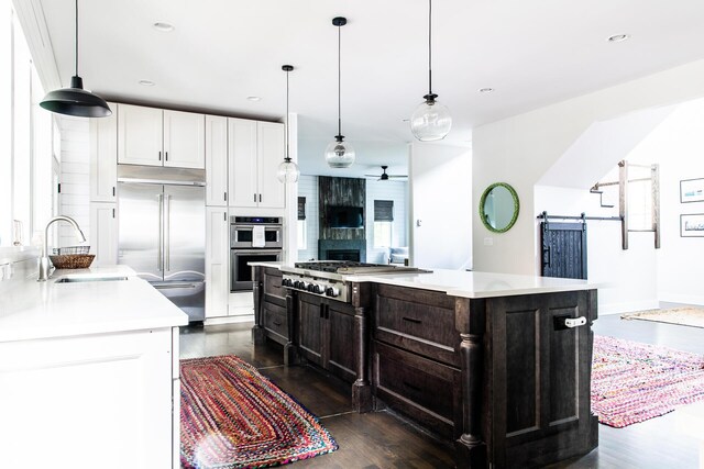 kitchen featuring light countertops, a barn door, white cabinets, a sink, and stainless steel appliances