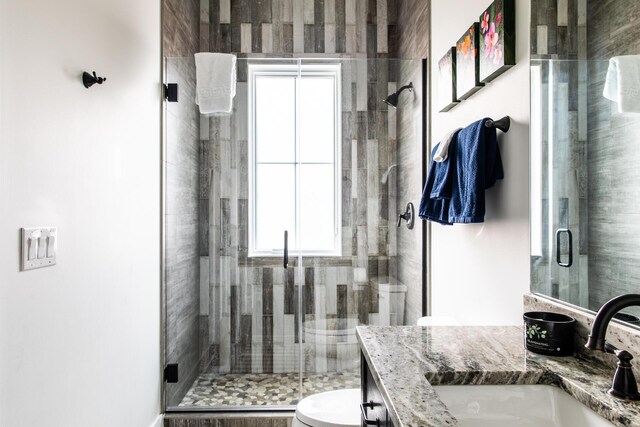 full bathroom featuring plenty of natural light, a stall shower, toilet, and vanity