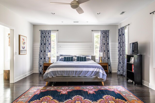 bedroom with a ceiling fan, visible vents, wood finished floors, and recessed lighting