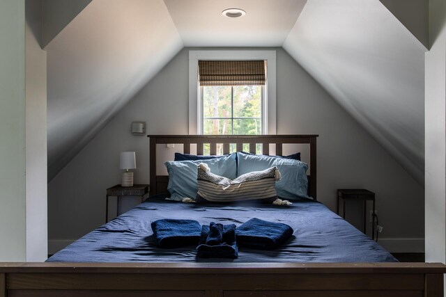bedroom with lofted ceiling