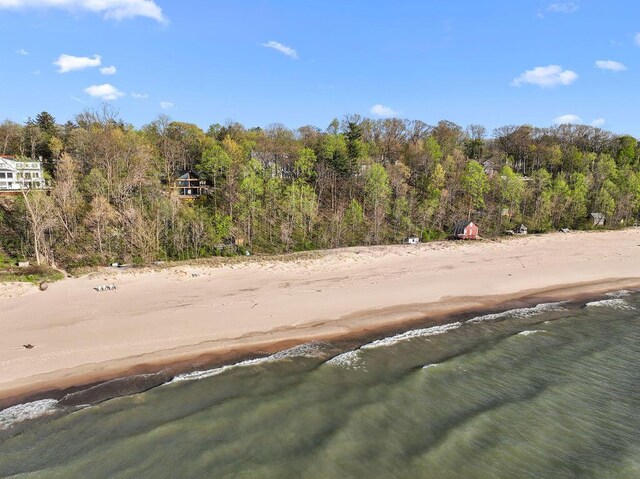 exterior space featuring a view of trees, a beach view, and a water view