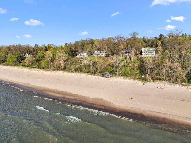 aerial view with a view of trees, a view of the beach, and a water view