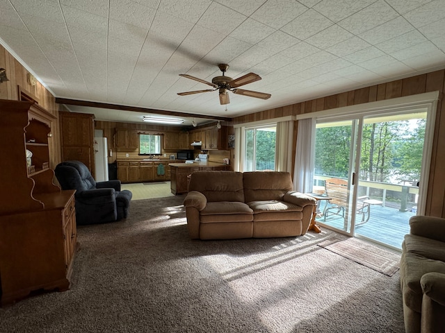 5940 Oak Rd, Rose City, MI 48654 - living room featuring carpet flooring, wooden walls, ceiling fan, and a healthy amount of sunlight