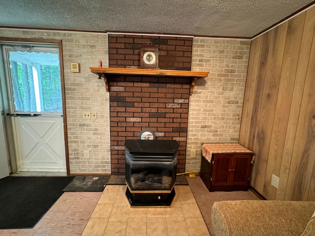 5940 Oak Rd, Rose City, MI 48654 - living room featuring tile patterned floors, a textured ceiling, wooden walls, and ornamental molding