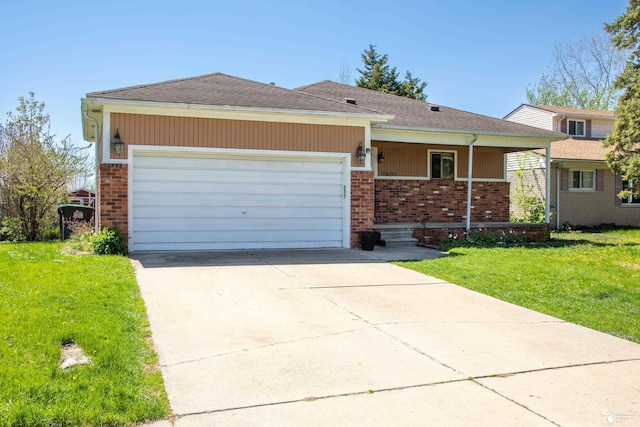 single story home with roof with shingles, brick siding, a garage, a front yard, and concrete driveway