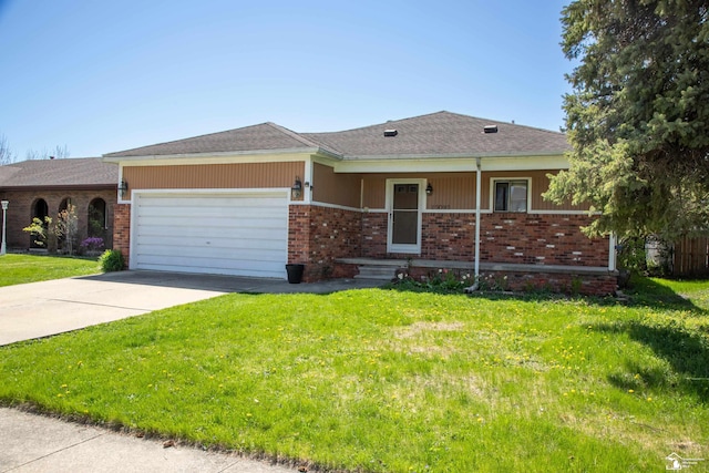 ranch-style home featuring concrete driveway, brick siding, an attached garage, and a front lawn