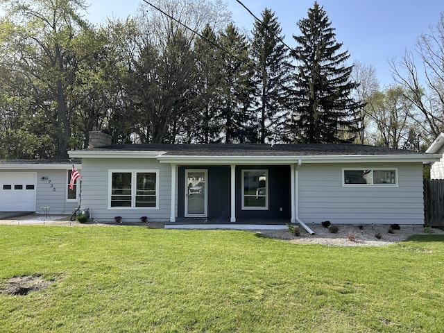 6735 Bayview Dr, Coloma, MI 49038 - ranch-style home with fence, a chimney, a porch, and a front yard