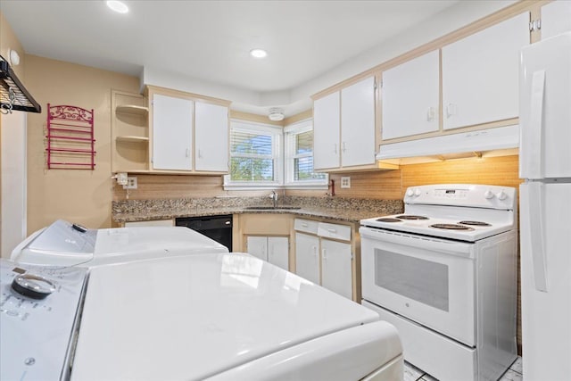 kitchen featuring white appliances, washer / clothes dryer, recessed lighting, under cabinet range hood, and white cabinets