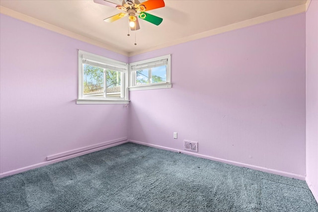 unfurnished room featuring baseboards, carpet, a ceiling fan, and visible vents