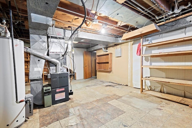 unfinished basement featuring water heater