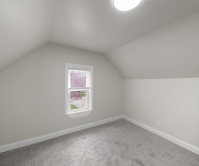 additional living space with carpet floors, baseboards, and vaulted ceiling