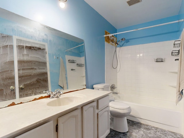 full bath with shower / bath combination, vanity, toilet, and visible vents
