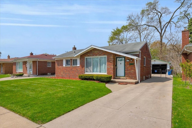 view of front of property with brick siding, an outdoor structure, and a front lawn