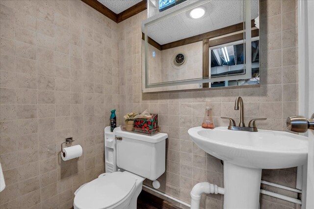 bathroom with wood finished floors, toilet, and tile walls