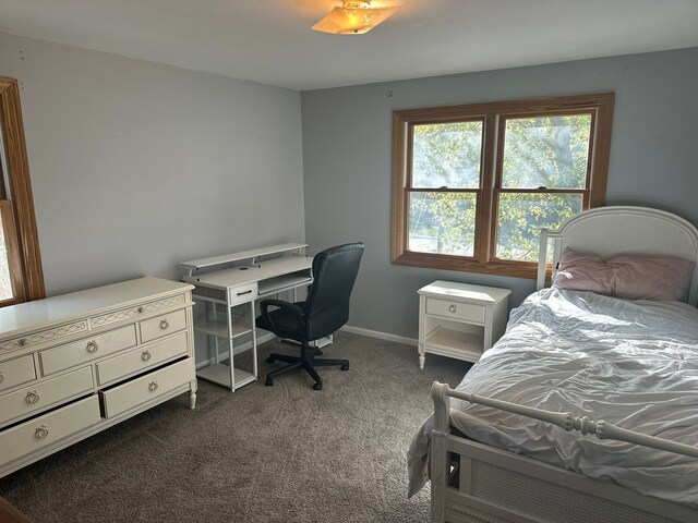 bedroom featuring dark carpet and baseboards