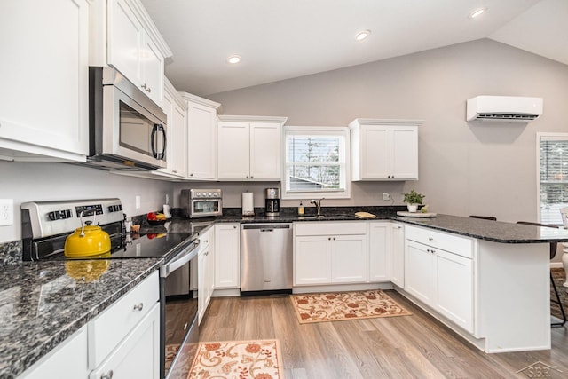 9959 Dice Rd, Freeland, MI 48623 - kitchen featuring appliances with stainless steel finishes, a sink, an AC wall unit, a peninsula, and lofted ceiling