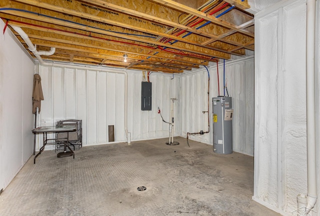 unfinished below grade area with water heater and electric panel