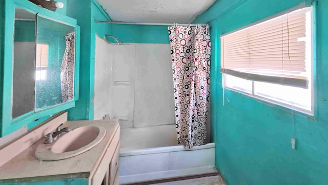full bath with shower / bathtub combination with curtain and vanity