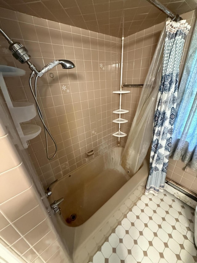 6411 Custer Rd, Carsonville, MI 48419 - bathroom featuring shower / bath combination with curtain and tile patterned floors