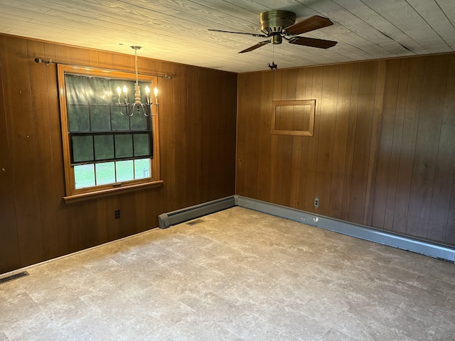 6411 Custer Rd, Carsonville, MI 48419 - spare room with a chandelier, wooden walls, a ceiling fan, and wood ceiling