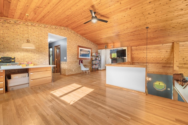 interior space with wooden ceiling, vaulted ceiling, wallpapered walls, and wood finished floors