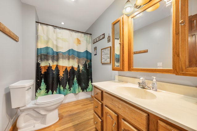 full bath with vanity, a shower with curtain, toilet, and wood finished floors