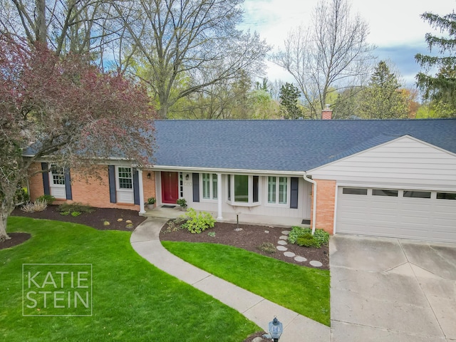 ranch-style home with roof with shingles, concrete driveway, a garage, and brick siding