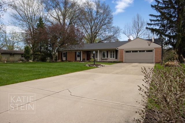 ranch-style home with a garage, driveway, a front lawn, and brick siding