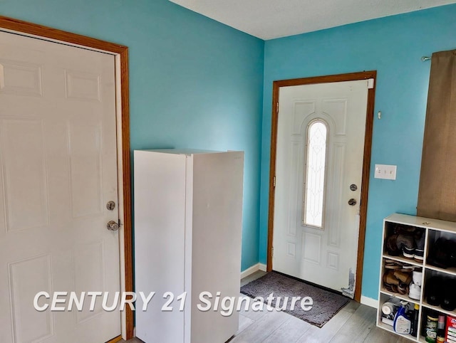 entrance foyer with baseboards and wood finished floors