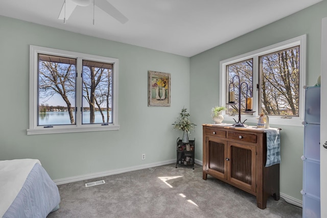 1704 Little Dr, Horton, MI 49246 - bedroom with visible vents, baseboards, a water view, a ceiling fan, and carpet