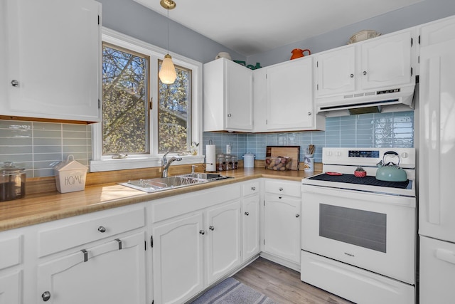 1704 Little Dr, Horton, MI 49246 - kitchen featuring a sink, white cabinets, under cabinet range hood, and electric range