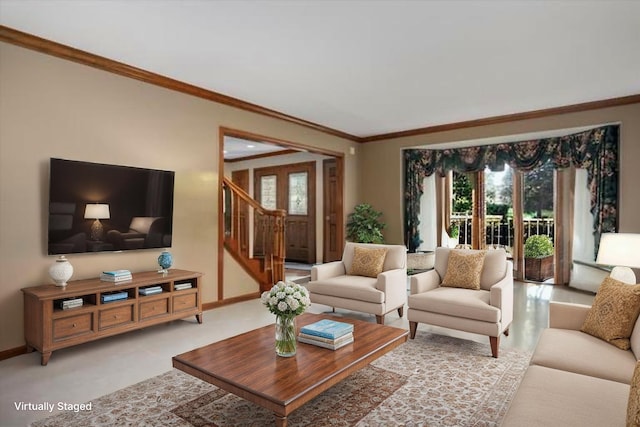 1839 Sudbury Ct, Rochester Hills, MI 48306 - living room featuring stairs, crown molding, and baseboards