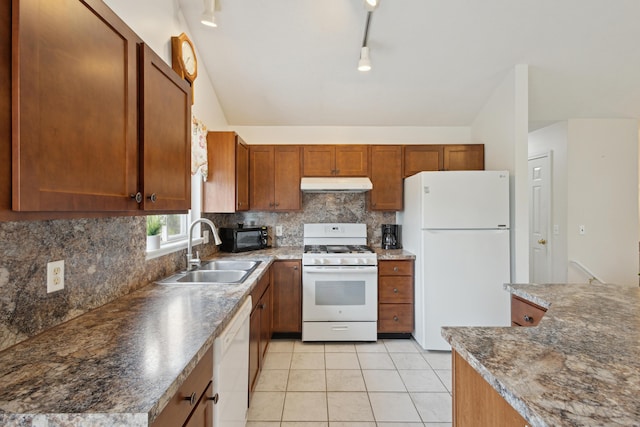 3332 Hampton Downs Dr SE, Kentwood, MI 49512 - kitchen featuring white appliances, backsplash, under cabinet range hood, and a sink