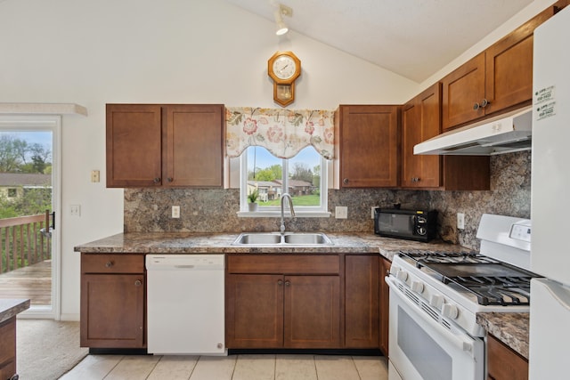 3332 Hampton Downs Dr SE, Kentwood, MI 49512 - kitchen featuring white appliances, under cabinet range hood, plenty of natural light, and a sink