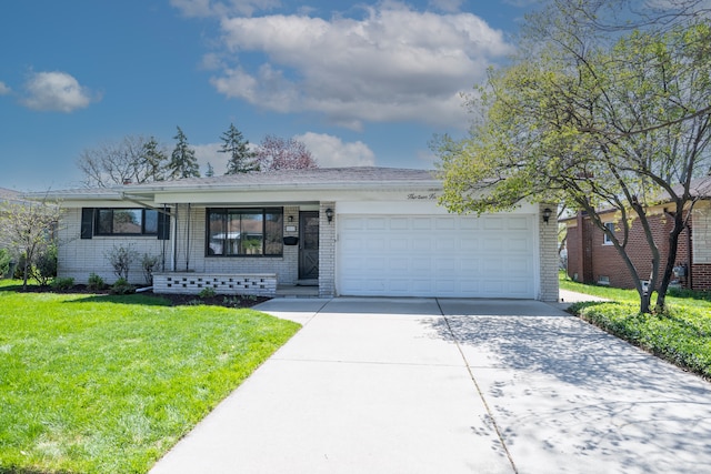 ranch-style home with a garage, driveway, a front lawn, and brick siding