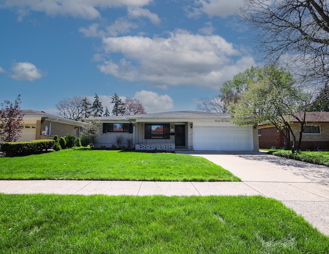 single story home featuring brick siding, a garage, a front lawn, and driveway