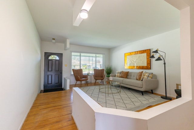 living area featuring baseboards and light wood-style flooring