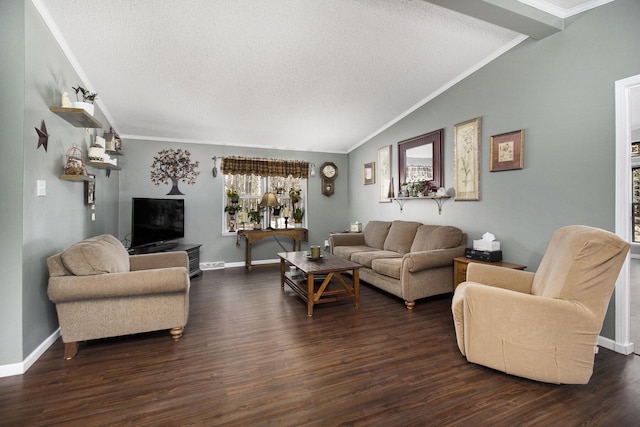 living room with crown molding, vaulted ceiling, and a textured ceiling