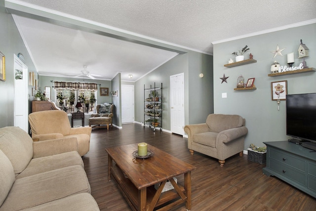 living room with ornamental molding, lofted ceiling, and dark wood-style floors