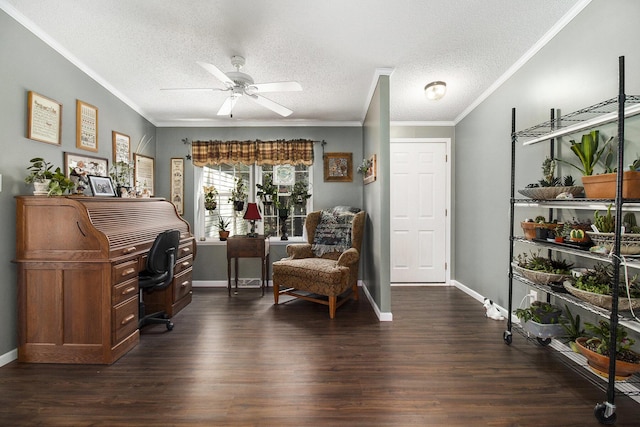 home office featuring crown molding, ceiling fan, dark wood-style floors, and a textured ceiling