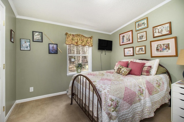 carpeted bedroom featuring a textured ceiling, baseboards, and ornamental molding