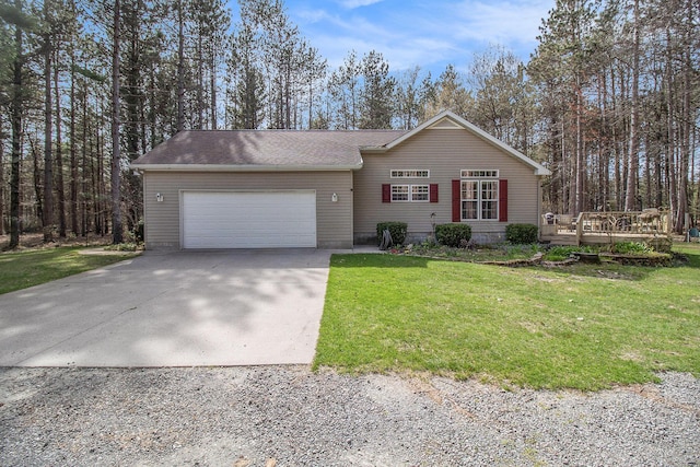 ranch-style house featuring a garage, a front lawn, a wooden deck, and concrete driveway