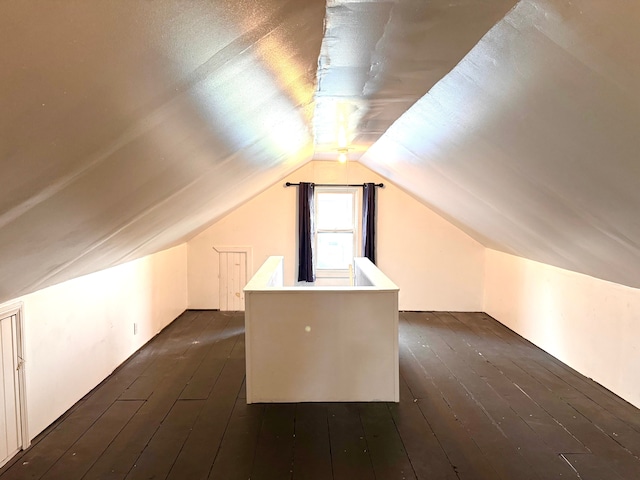 additional living space featuring dark wood finished floors and lofted ceiling