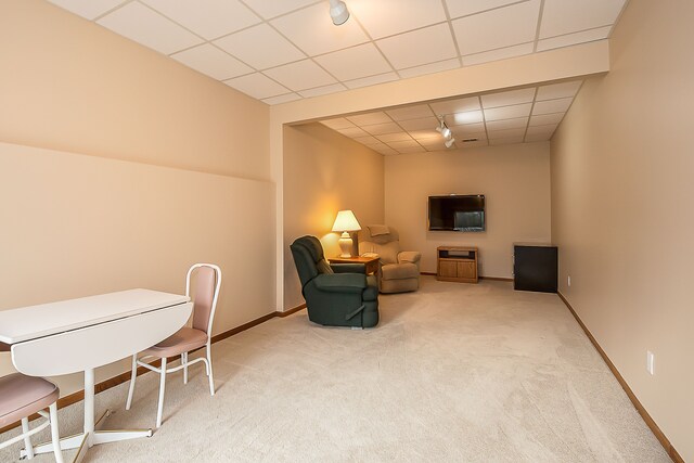 living area featuring baseboards, a drop ceiling, and light carpet