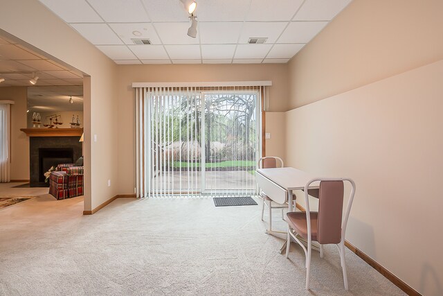 living area with carpet flooring, a paneled ceiling, and a fireplace with flush hearth