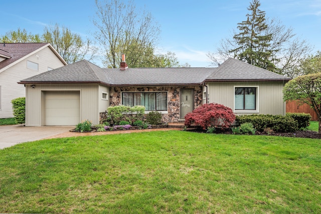 single story home featuring a garage, a front yard, driveway, and a chimney