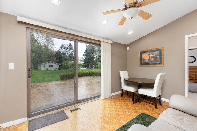 dining area featuring visible vents, baseboards, ceiling fan, recessed lighting, and vaulted ceiling
