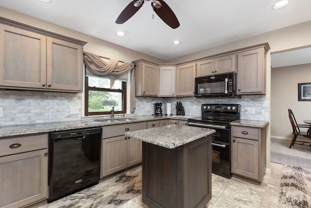kitchen with ceiling fan, a sink, black appliances, and tasteful backsplash